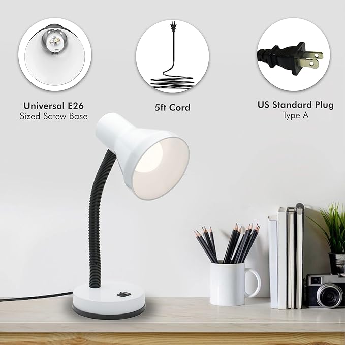 Xtricity Metal Desk Lamp with Adjustable Gooseneck Arm, 6W A19 LED Bulb Included, 120 Volt, Convenient On/Off Switch, 14" Inch Tall (36cm), White Finish - LeafyLoom