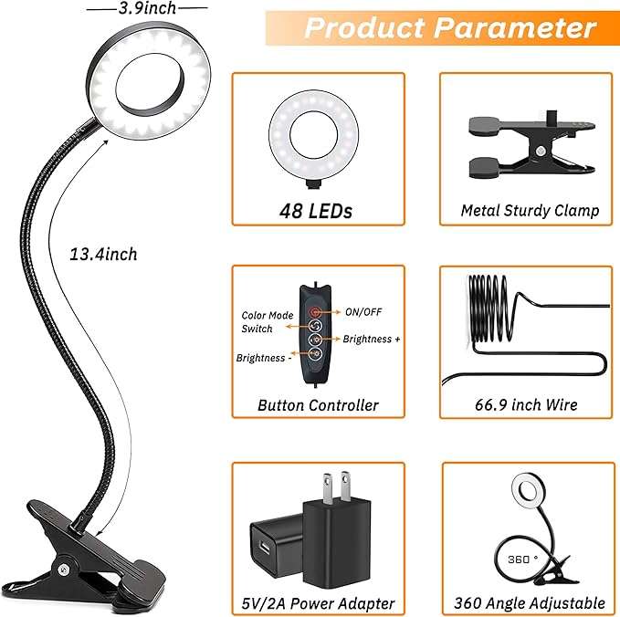 Lypumso Desk Lamp with Adapter, LED Reading Lamp Clip on Light, 3 Color Modes 10 Dimmable Brightness, Perfect Clamp Lamp for Home Office Studying Working Makeup Craft - LeafyLoom