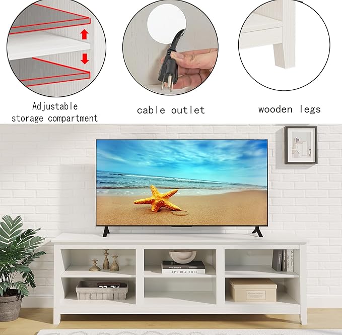 TV Stand for 75 inch TV with Storage,Modern TV Entertainment Center for Bedroom,TV Media Console Table with 6 Open Storage Shelve,63 inch Wood TV Cabinet White - LeafyLoom