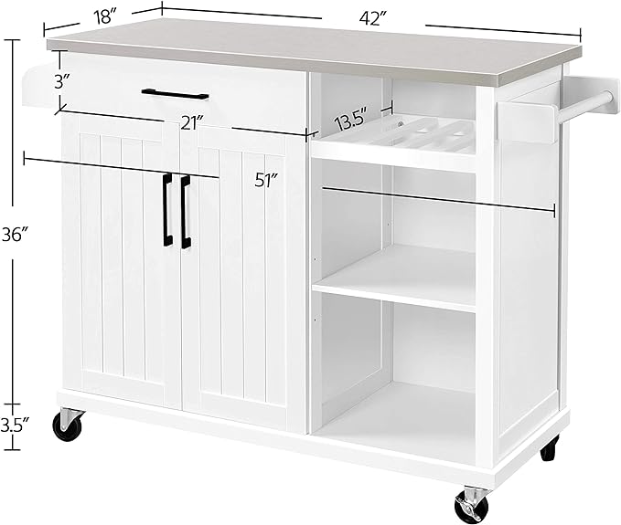 Yaheetech Kitchen Island Cart with Stainless Steel Top, Rolling Storage Cabinet on Wheels with Drawer& Wine Rack & Spice Rack, Sideboard Buffet with Towel Bar, White - LeafyLoom