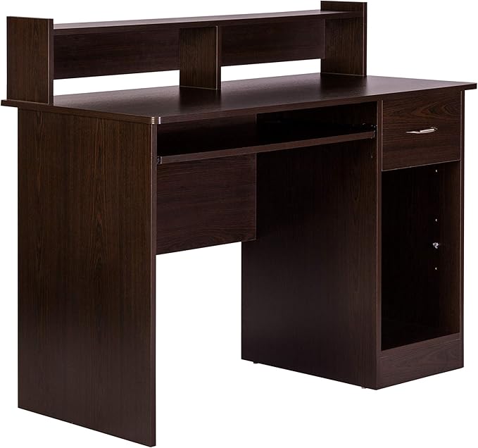 OneSpace Essential Computer Desk, Hutch with Pull-Out Keyboard, Espresso - LeafyLoom