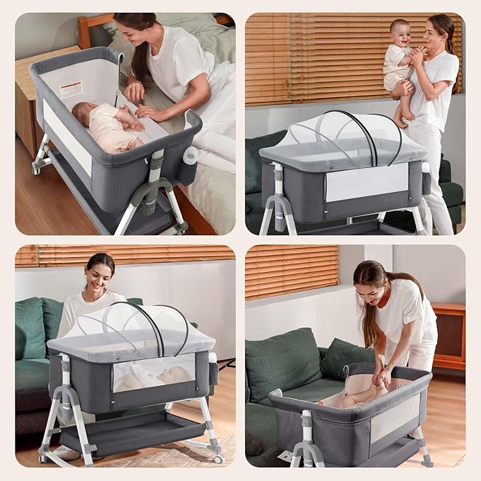 4 in 1 Baby Bassinet,Easy Folding Portable Bedside Crib with Comfy Mattress and Wheels,Height Adjustable Bassinet with Mosquito net Included,Grey - LeafyLoom