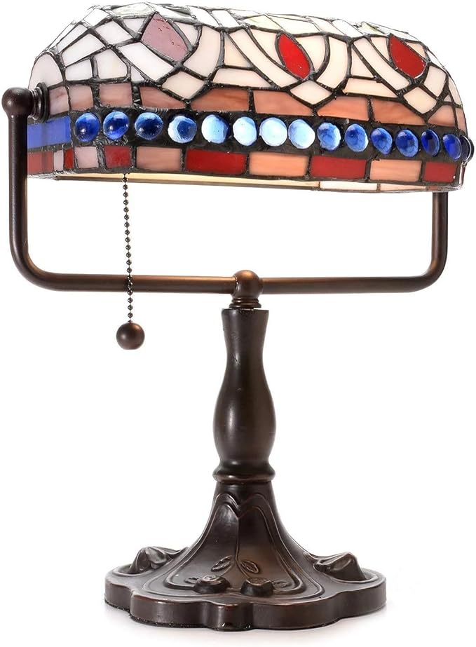 Warehouse of Tiffany KS20+MB50 12-inch Stained Glass Blue Gemstones Desk Lamp, Brown - LeafyLoom