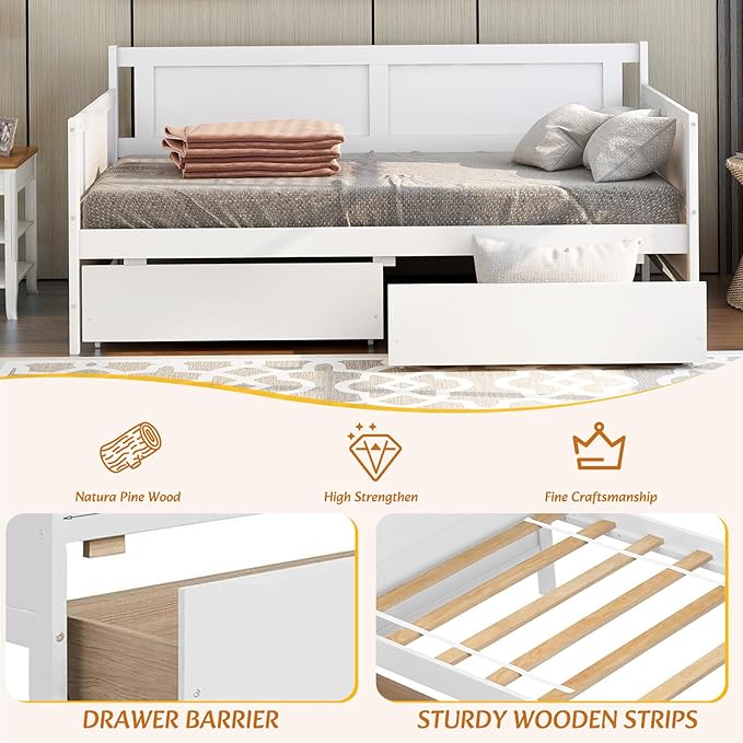 Twin Daybed with 2 Storage Drawers,Pinewood Twin Size Daybed Frame with Solid Guardrail,Dual-Use Sofa Daybed for Boys/Girls/Teens Bedroom, Easy to Assemble, No Box Spring Needed,White - LeafyLoom