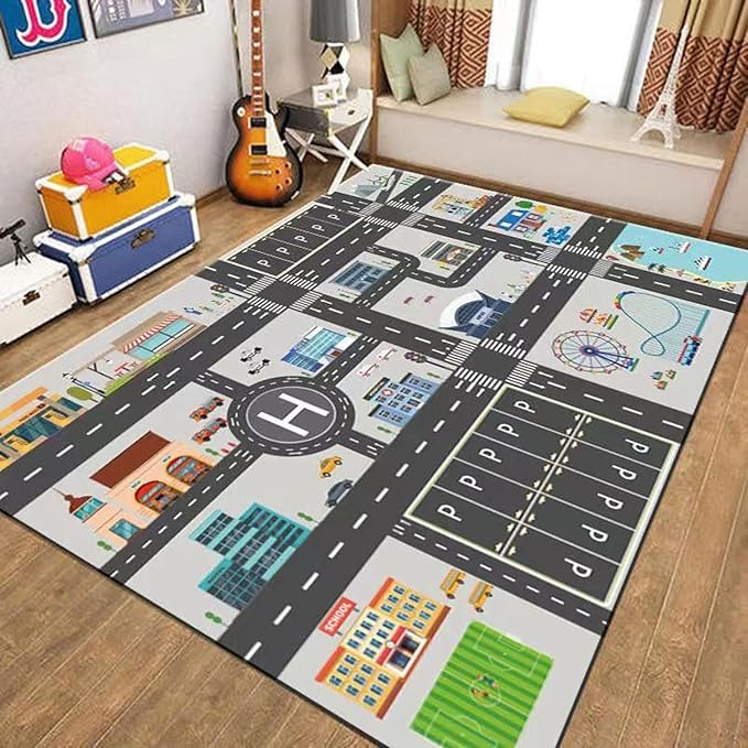 Kids Rug Play Mat Great for Playing with Cars and Toys,Educational Kid Road and Traffic City Life Carpet,Children Baby Fun Throw Rug for Bedroom Play Room,79X118Inch/200X300CM - LeafyLoom