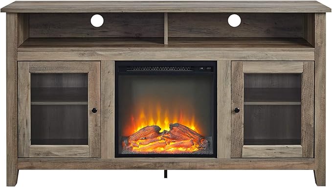 Walker Edison Glenwood Rustic Farmhouse Glass Door Highboy Fireplace TV Stand for TVs up to 65 Inches, 58 Inch, Grey Wash - LeafyLoom