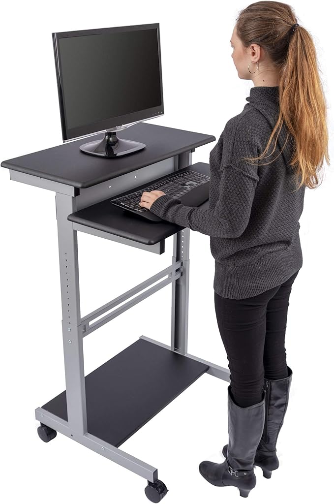 Stand Up Desk Store Rolling Adjustable Height Two Tier Standing Desk Computer Workstation (Silver Frame/Dark Walnut Top, 32" Wide) - LeafyLoom