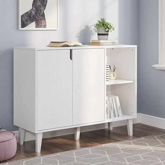 Panana Kitchen Buffet Cabinet Storage Sideboard with 2 Doors 2 Shelves, White, 41.8" L x 15" W x 32.5" H - LeafyLoom