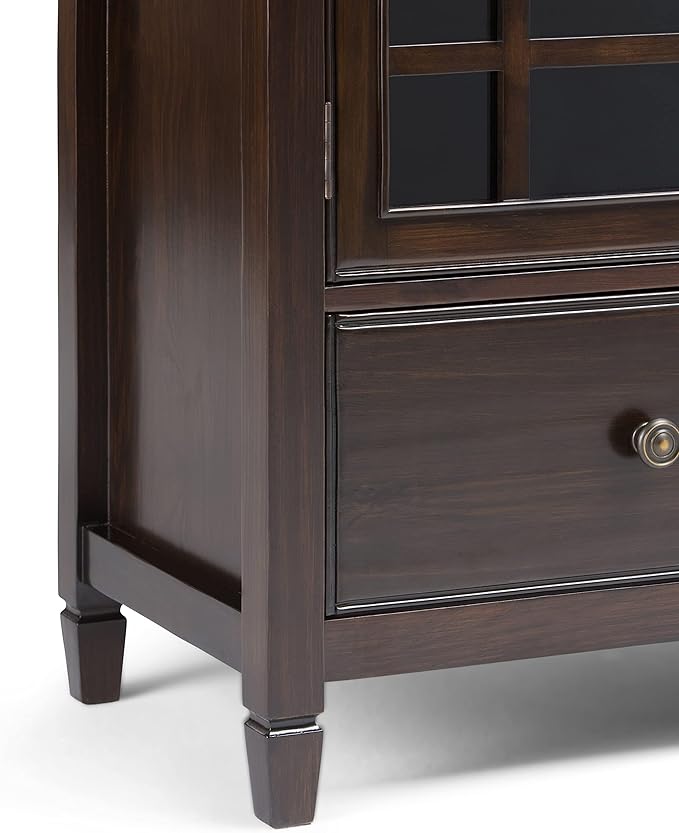 SIMPLIHOME Connaught SOLID WOOD 46 Inch Wide Traditional Tall Storage Cabinet in Dark Chestnut Brown, For the Living Room, Entryway and Family Room - LeafyLoom