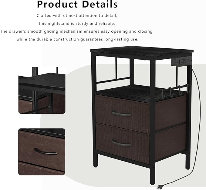 Nightstands set 2 for Bedroom Decor, Bedside Table with Charging Station, Night Stands with Fabric Drawers and Open Shelf, Side Table with USB Ports & Outlets (Black,2) - LeafyLoom