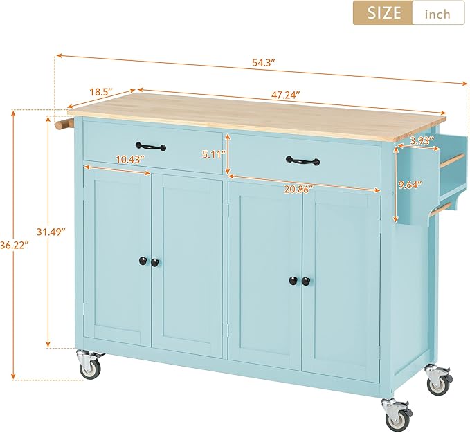 Solid Wood Top, Mobile Carts with Storage Cabinet, Rolling Kitchen Table w/Spice, Towel Rack, and Drawer, Portable Islands on Wheels, Mint Green, 54.33 Inch - LeafyLoom