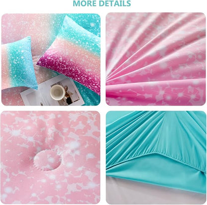 PERFEMET Queen Comforter Set with Sheets, 6 Pieces Tie Dye Rainbow Girls Bedding Set, Gradient Glitter Colorful Ombre Bed in A Bag (Aqua Teal Purple, Queen) - LeafyLoom