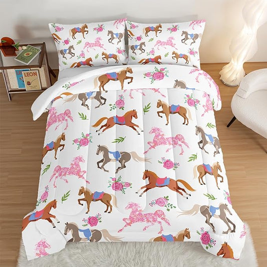 HOSIMA Kawaii Pink Rose Horse Twin Comforter Princess Toddler Bedding Set,Cute Animal Horse Bedding Girls Teens Aesthetic Room Decor,Cowboy Cowgirl Colorful Pony Twin Bed in a Bag. - LeafyLoom