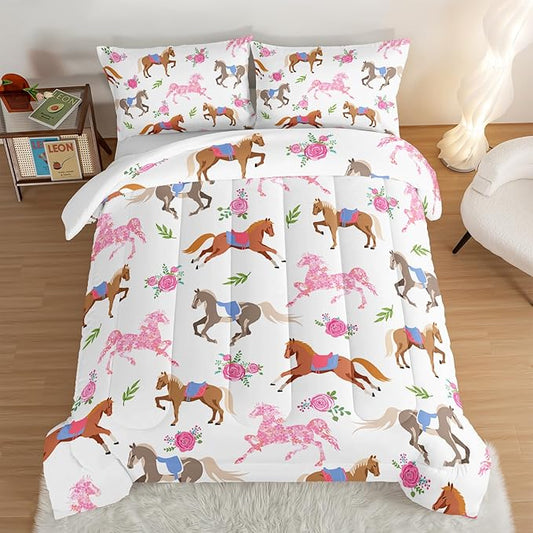 HOSIMA Kawaii Pink Rose Horse Full Size Comforter Sets,Cute Animal Horse Bedding Girls Teens Aesthetic Room Decor,Princess Toddler Bedding Set Cowboy Cowgirl Colorful Pony Full Size Bed in a Bag. - LeafyLoom