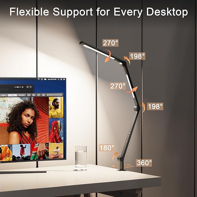 LED Desk Lamp with Clamp, Adjustable Swing Arm, Dual Light Sources, Stepless Dimming, Modern Table Light for Home Office, Work, Study, Flexible, Eye-Caring Clip-on Desk Light - LeafyLoom