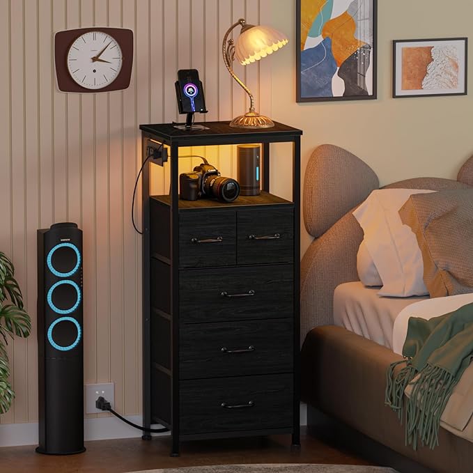 Furnulem Vertical Dresser with Charging Station and LED Lights, Black Chest of Drawers with Shelf and 5 Fabric Bins, Tall Nightstand for Entryway, Closet, Bedside Table, Wood Top, Bedroom Furniture - LeafyLoom