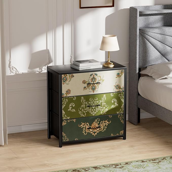 Nightstand, End Table, Bedside Table, Small Tall Boho Dresser for Bedroom with 3 Drawer, Chest of Drawers Fabric Dressers with Wood Top for Closet, Living Room, Retro Flower - LeafyLoom