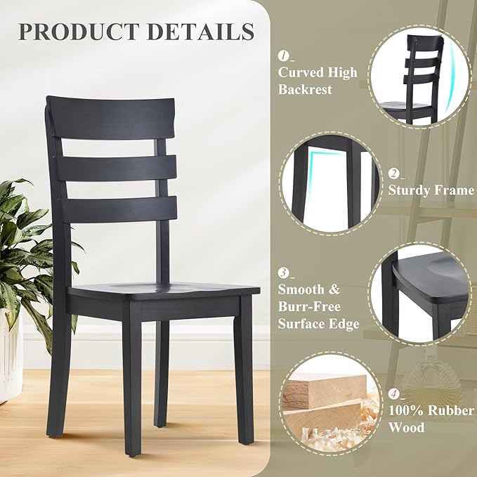 COLAMY Wooden Dining Chairs Set of 6, Ladder High Back Kitchen Side Chair, Farmhouse Armless Dining Room Chairs with Adjustable Foot Pegs, Black - LeafyLoom