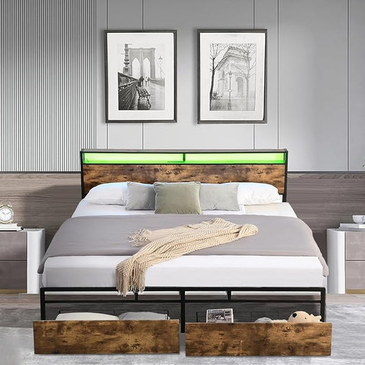 LED Queen Bed Frame with 2 Storage Drawers & Headboard, Platform Metal Bed Frame with Charging Station, Noise-Free, No Box Spring Needed, Vintage Brown - LeafyLoom