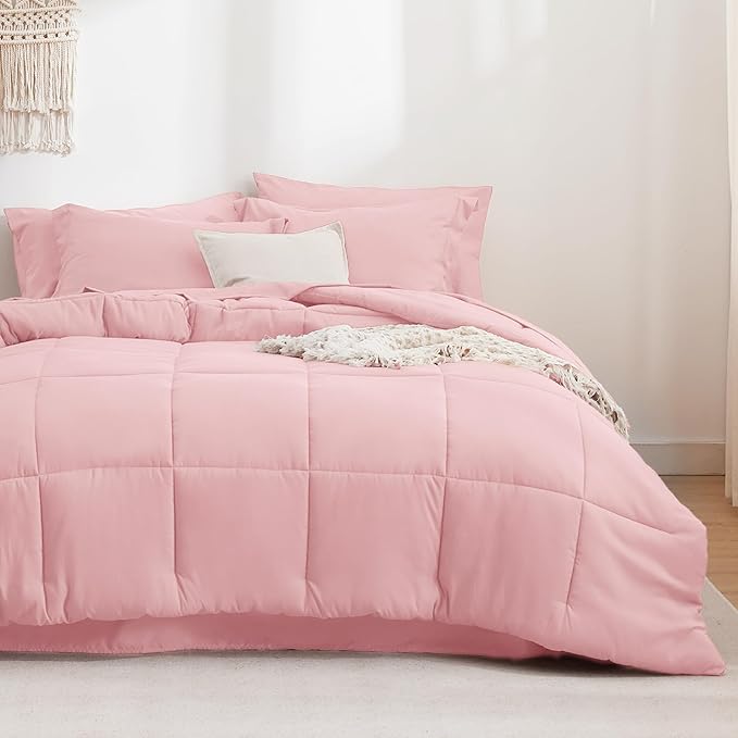 Bedsure Pink King Size Comforter Set - 7 Pieces Solid King Bed in a Bag, King Bed Set Pink with Comforters, Sheets, Pillowcases & Shams - LeafyLoom