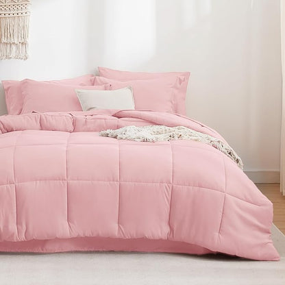 Bedsure Pink King Size Comforter Set - 7 Pieces Solid King Bed in a Bag, King Bed Set Pink with Comforters, Sheets, Pillowcases & Shams - LeafyLoom