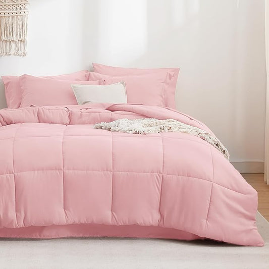 Bedsure Pink Twin Comforter Set - 5 Pieces Solid Twin Bed in a Bag, Twin Bed Set Pink with Comforters, Sheets, Pillowcase & Sham - LeafyLoom