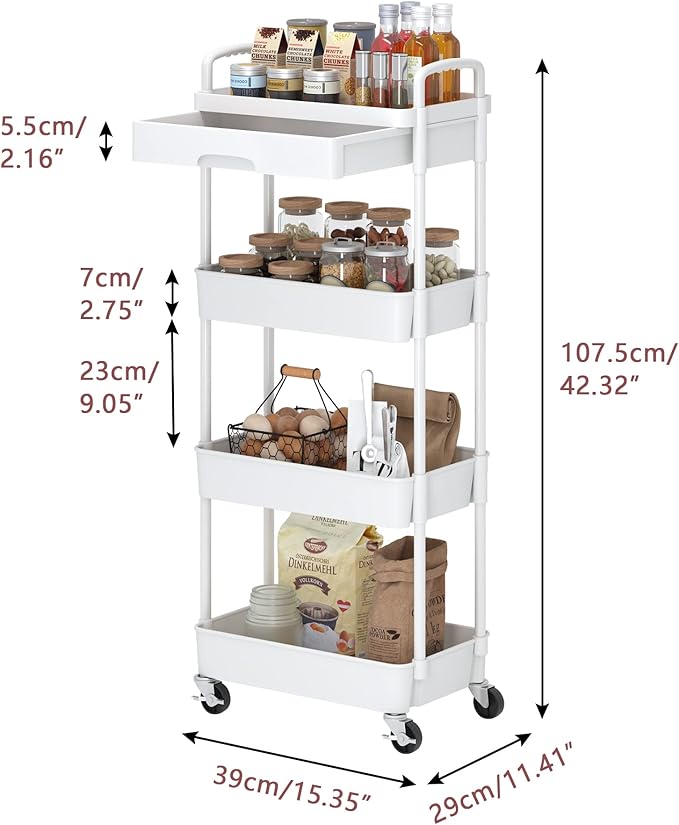 4-Tier Rolling Cart，Trolley with Drawer, Kitchen Storage Organizer with Plastic Shelf & Metal Wheels, Storage Cart for Living Room, Kitchen, Office, Bathroom, White - LeafyLoom