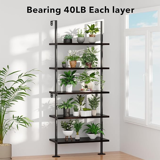 Ladder Shelf Bookcase 5 Tier, Extra Sturdy Modern Bookshelf Wall Mounted, Tall Black Open Book Shelf, Standing Industrial Metal Frame with Wooden Shelves - LeafyLoom