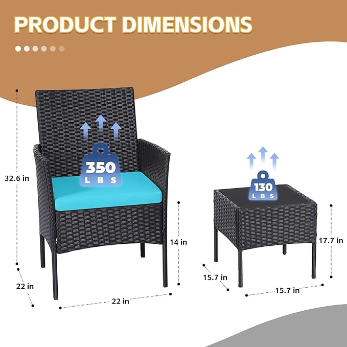 Patio Furniture Set 3 Pieces All-Weather Rattan Outdoor Furniture Patio Chairs with Tempered Glass Table for Porch Bistro Balcony Bistro Set(Black/Blue) - LeafyLoom