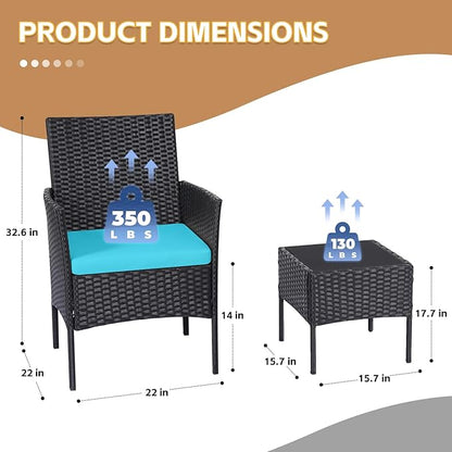 Patio Furniture Set 3 Pieces All-Weather Rattan Outdoor Furniture Patio Chairs with Tempered Glass Table for Porch Bistro Balcony Bistro Set(Black/Blue) - LeafyLoom