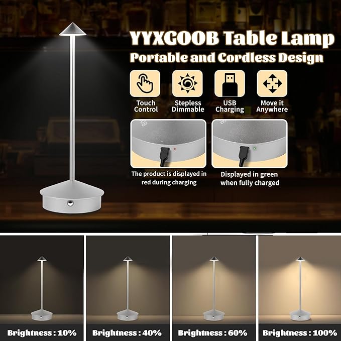 Rechargeable Battery Operated Desk Lamp with Touch Sensor Cordless Portable LED Table Lamp， Three-Level Dimmable Suitable for Bars/Cafes/Restaurants/Bedrooms/Camping Sites (Silver) - LeafyLoom