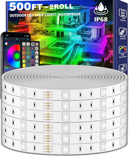 500ft Outdoor LED Strip Lights Waterproof,IP68 Outside Led Light Strips Waterproof with App and Remote,Music Sync RGB Exterior Led Rope Lights with Self Adhesive Back for Deck,Balcony,Pool LETIANPAI