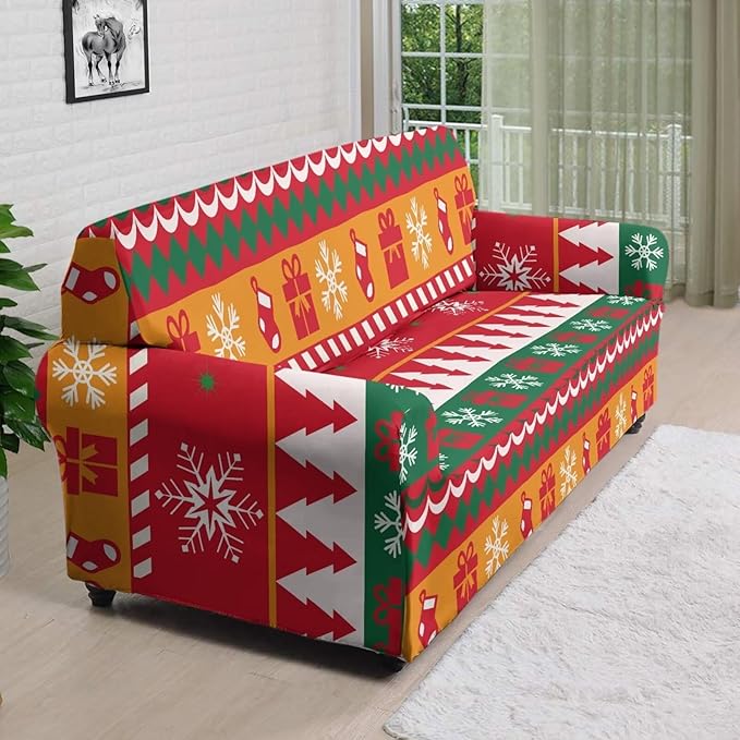 FKELYI Red Christmas Sofa Furniture Protector Easy Going Stretch Sofa Slipcover Comfortable Sofa Couch Cover with Elastic Bottom XL FKELYI