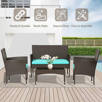 FDW 4 Pieces Patio Furniture Set Wicker Patio Conversation Set with Rattan Chair Loveseats Coffee Table for Outdoor Indoor Garden Backyard Porch Poolside Balcony,Brown Wicker/Blue Cushions - LeafyLoom