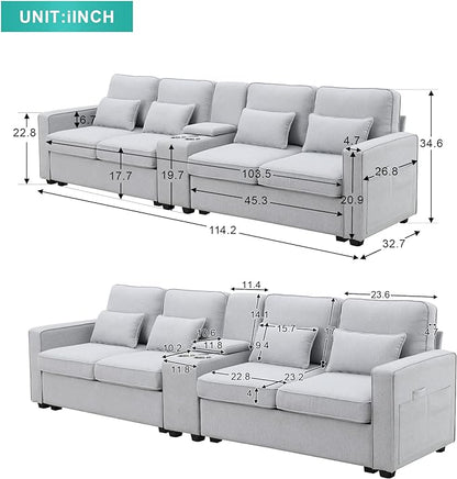 114.2" Linen Upholstered Sofa with Consoleand 2 USB Ports Wired or Wirelessly Charged,Modern 4-Seat Couches W/ 4 Pillows and Two Cupholders,for Living Room,Apartment, Gray, Light Grey - LeafyLoom