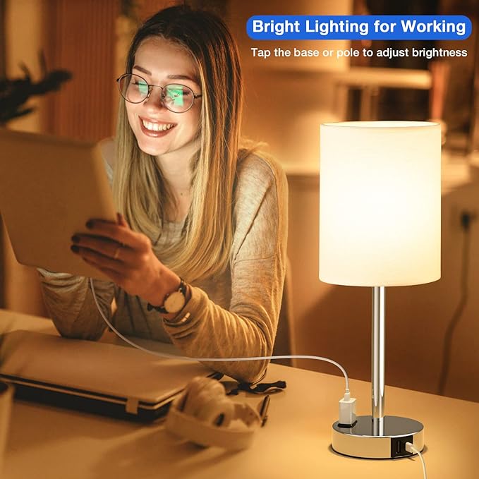 Touch Lamps for Bedrooms Set of 2 White - 3 Way Dimmable Bedside Lamp with USB C and A Ports and Outlets, Modern Nightstand Lamp with Linen Shade and Silver Base, Small Table Lamps for Kids Nursery - LeafyLoom