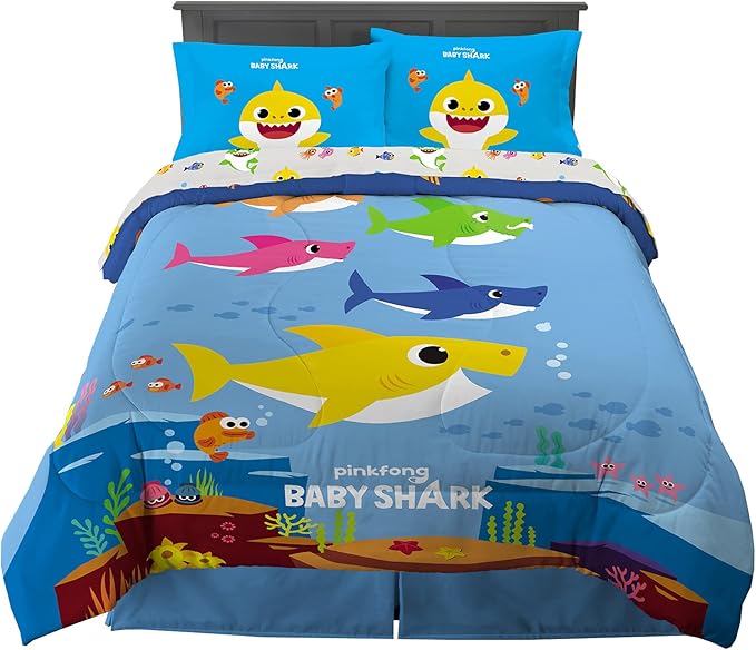 Franco Kids Bedding Super Soft Comforter and Sheet Set, 5 Piece Full Size, Baby Shark - LeafyLoom