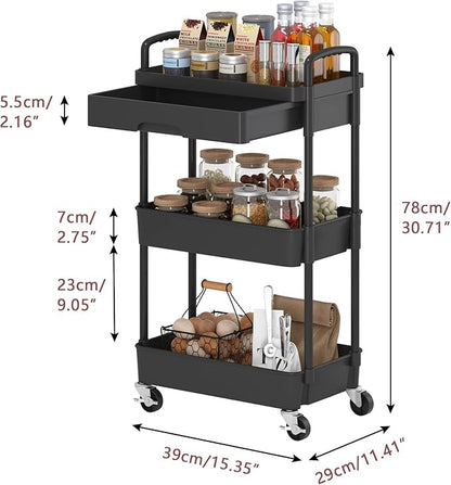 3-Tier Rolling Cart，Trolley with Drawer, Multifunctional Storage Organizer with Plastic Shelf & Metal Wheels, Kitchen Storage Cart for Living Room, Kitchen, Office, Bathroom, Black - LeafyLoom