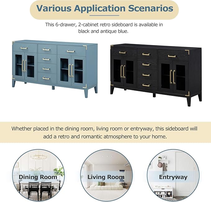 60" Retro Sideboard with 6-Drawer and 2-Cabinet,Multifunctional Buffet,w/Gold Handles & Solid Wood Legs,Extra Large Storage Space,for Kitchen and Living Room,Antique Blue - LeafyLoom