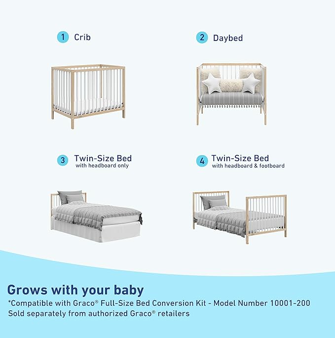 Graco Teddi 4-in-1 Convertible Mini Crib with Bonus Water-Resistant Mattress (Natural with White) – GREENGUARD Gold Certified, 2.75-Inch Mattress Included, Convenient Size, Easy 30-Minute Assembly - LeafyLoom