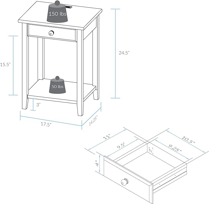 Casual Home Night Owl Nightstand with USB Ports-Warm Brown - LeafyLoom