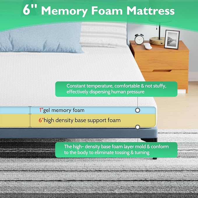 FDW California King Mattress 6 inch Gel Memory Foam Mattress Medium Firm Mattresses for Cool Sleep Relieving Pressure Relief CertiPUR-US Certified Mattress in a Box - LeafyLoom