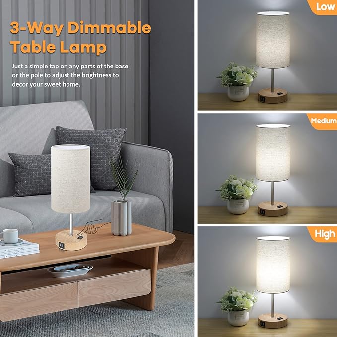 Bedside Table Lamps with 2 USB Charging Ports & AC Outlet, Set of 2 Touch Control Wooden Base Nightstand 3-Way Dimmable Lamps with Beige Fabric Shade for Bedroom, Living Room, A19 E26 Bulbs included - LeafyLoom