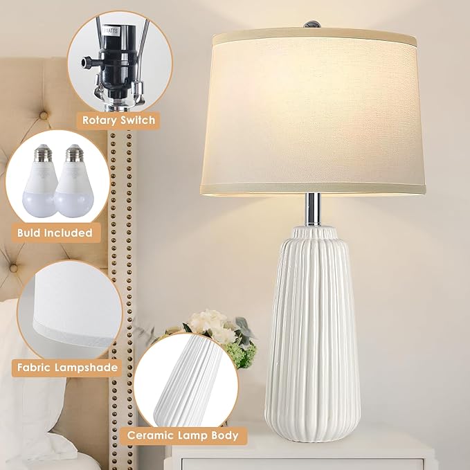 Ceramic Table Lamps Set of 2, 25Inch Modern White Table Lamps for Bedroom Living Room with 3 Color Temperature - 3000K/4000K/6000K, Coastal Lamps for Nightstand Bedside with 2 LED Bulbs, 9W - LeafyLoom