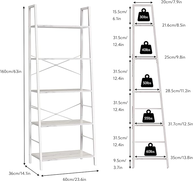 Yusong Ladder Shelf,Industrial 5-Tier Bookshelf,Free Standing Bookcase,Utility Organizer Shelves for Plant Flower,Wood Look Accent Furniture with Metal Frame for Home Office, (White) - LeafyLoom