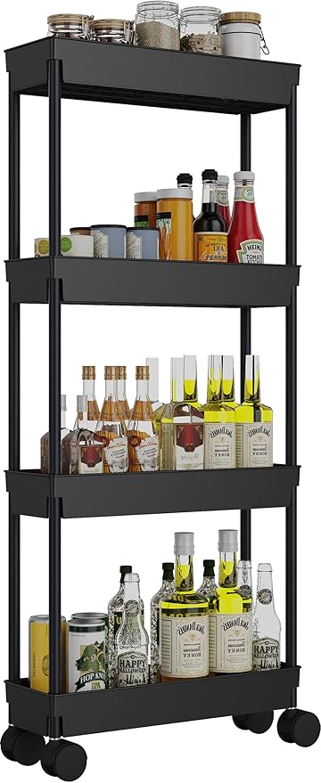 Sooyee 4 Tier Slim Storage Cart,Rolling Storage Cart,Narrow Shelf,Bathroom Rack,Mobile Shelving Unit Organizer for Kitchen, Bathroom, Laundry Room, Black - LeafyLoom