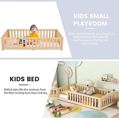 Multifunctional Twin Size Floor Bed with Safety Guardrails and Door, Removable Wood Slats, Montessori Beds Frame for Toddlers, for Boys and Girls, Natural - LeafyLoom