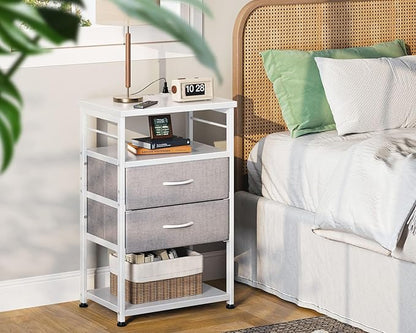 AODK Night Stand with Charging Station, End Table for Bedroom Tall Nightstand with Drawers, Small Nightstand for Bedroom, 4-Tier Storage Bedside Table, White and Light Grey - LeafyLoom