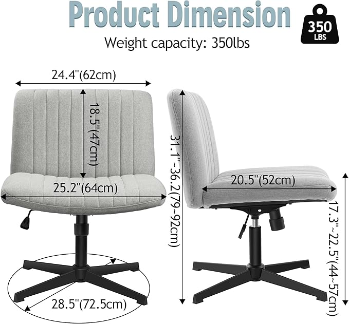 Armless Office Chair no Wheels, Ergonomic Wide Seat Swivel Desk Chair, Height Adjustable Cross Legged Comfortable Computer Chair for Living Room, Vanity Accent Chair LightGray - LeafyLoom