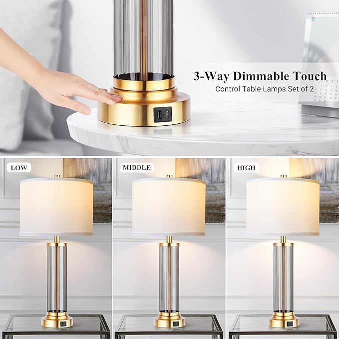 QiMH Touch Control Table Lamp Set of 2 with USB A+C Ports, 3-Way Dimmable Nightstand Lamp with Fabric Cream Shade, Modern Bedside Lamp for Living Room Bedroom Reading, LED Bulbs Included - LeafyLoom